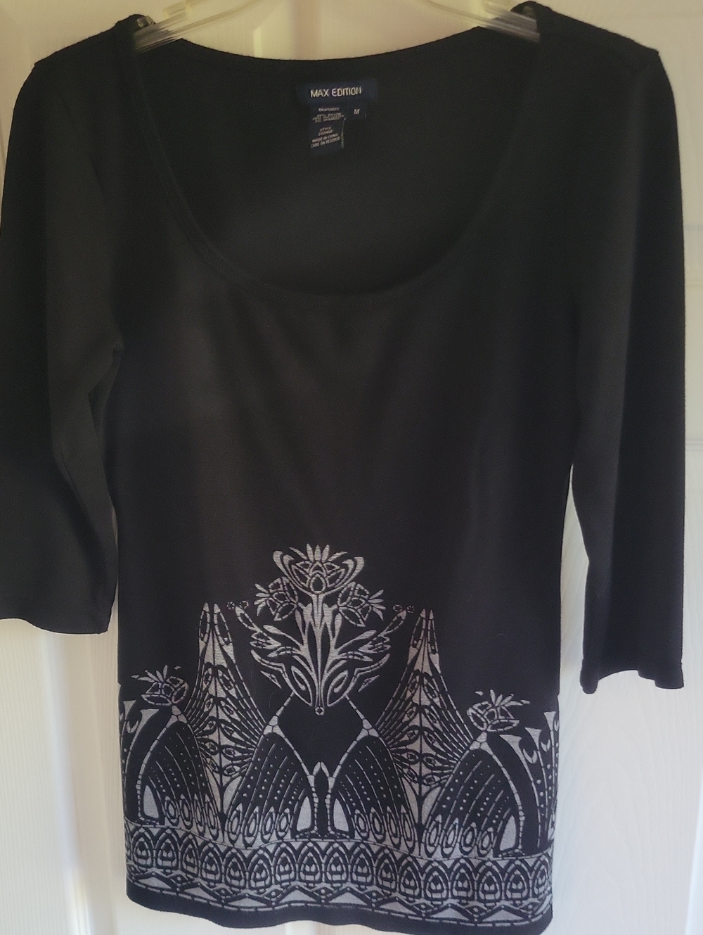 Max Edition Black Scoop Neck Top with Silver Floral Border Print Medium